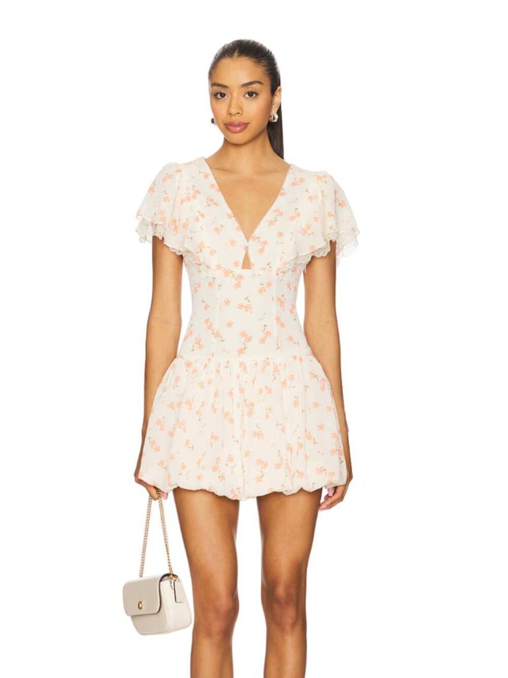 AFRM Lynda Dress Medium NWT Birch Daisy Floral Bubble Hem Mini Flutter Sleeve